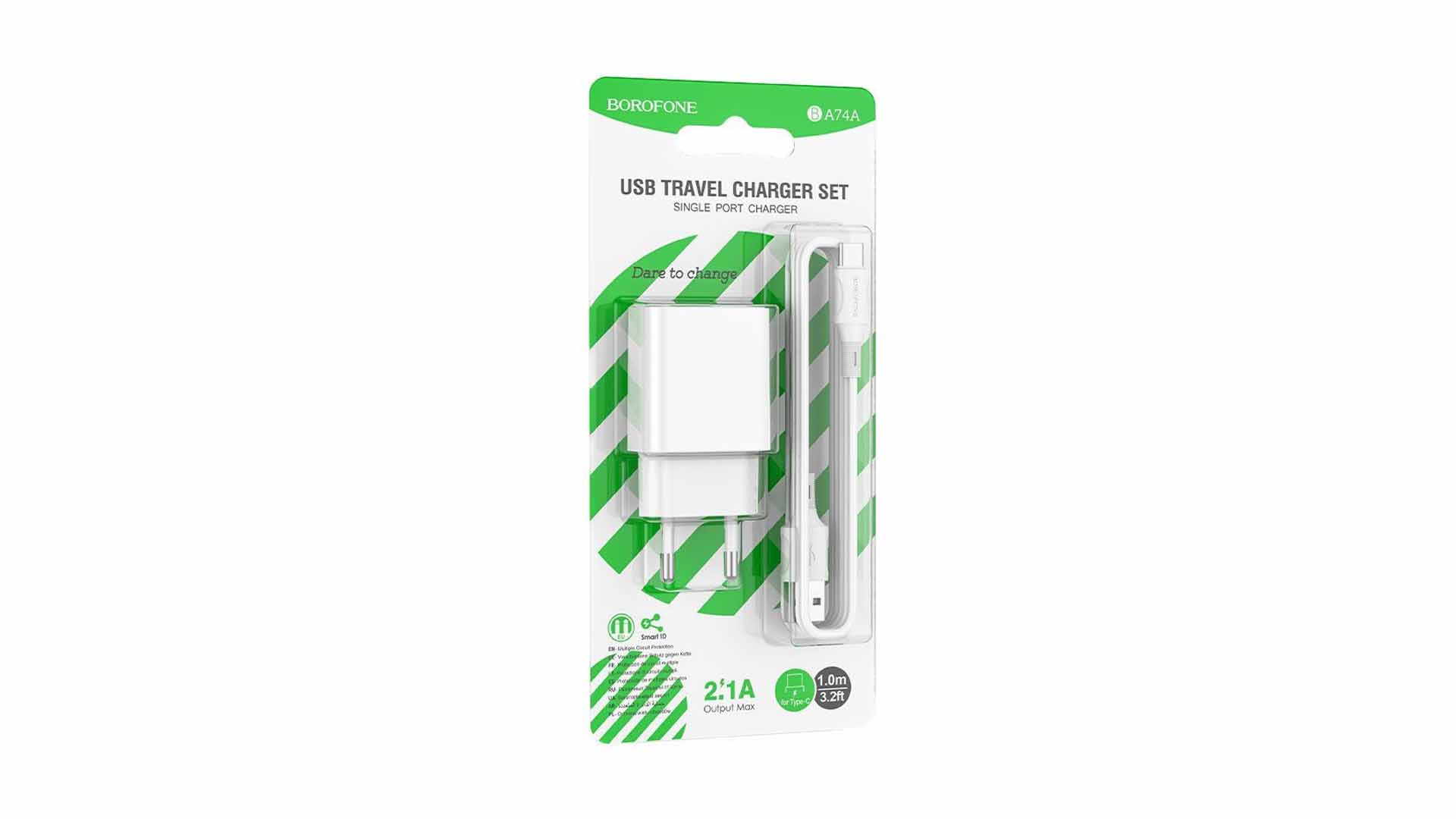 BOROFONE BA74A/ Сетевое ЗУ + Кабель Lightning 1m/ 1USB/ Выход: 10,5W/ 2,1A/ Белый