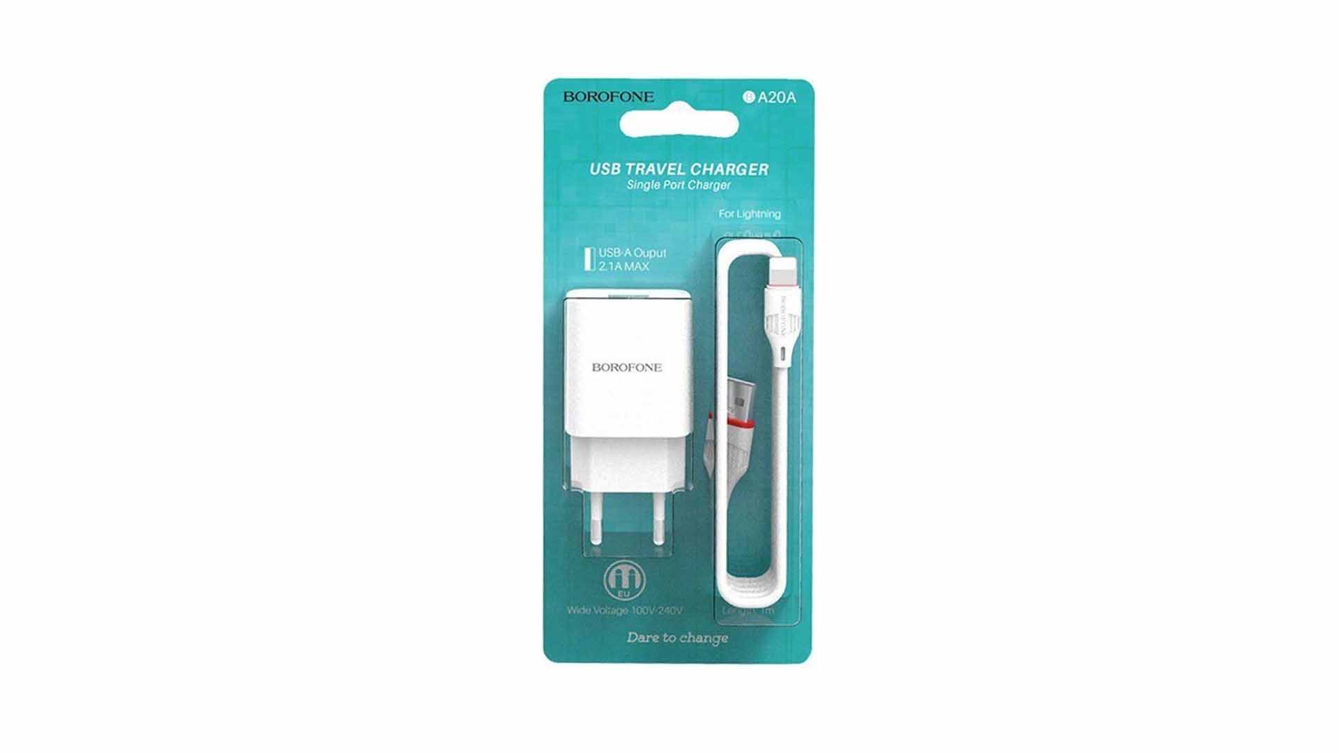 BOROFONE BA20A/ Сетевое ЗУ + Кабель Lightning 1m/ 1USB/ Выход: 10,5W/ 2,1A/ Белый