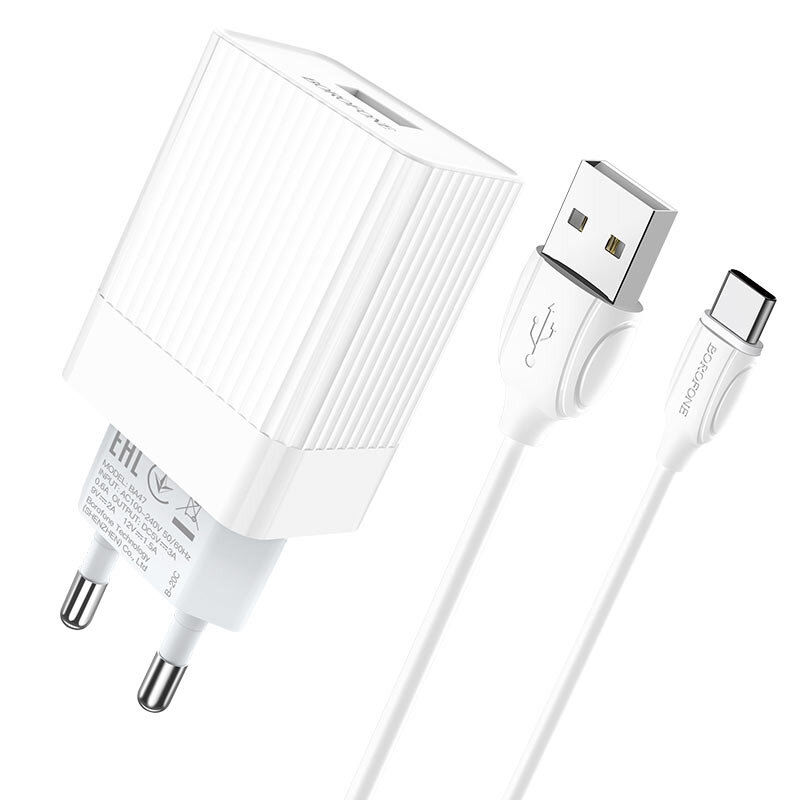 BOROFONE BA47A/ Сетевое ЗУ + Кабель Type-C 1m/ QC3.0/ 1USB/ Выход: 5V_9V_12V, 18W/ Белый