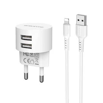 BA23A, 2хUSB-А, 2.4А + кабель (AM-8pin (Lightning), 1 м, белый (36/144)
