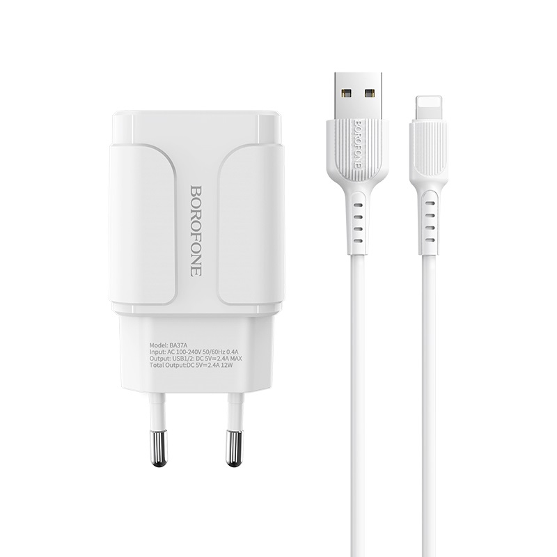 BOROFONE BA37A/ Сетевое ЗУ + Кабель Lightning 1m/ 2USB/ Выход: 12W/ 2,4A/ Белый