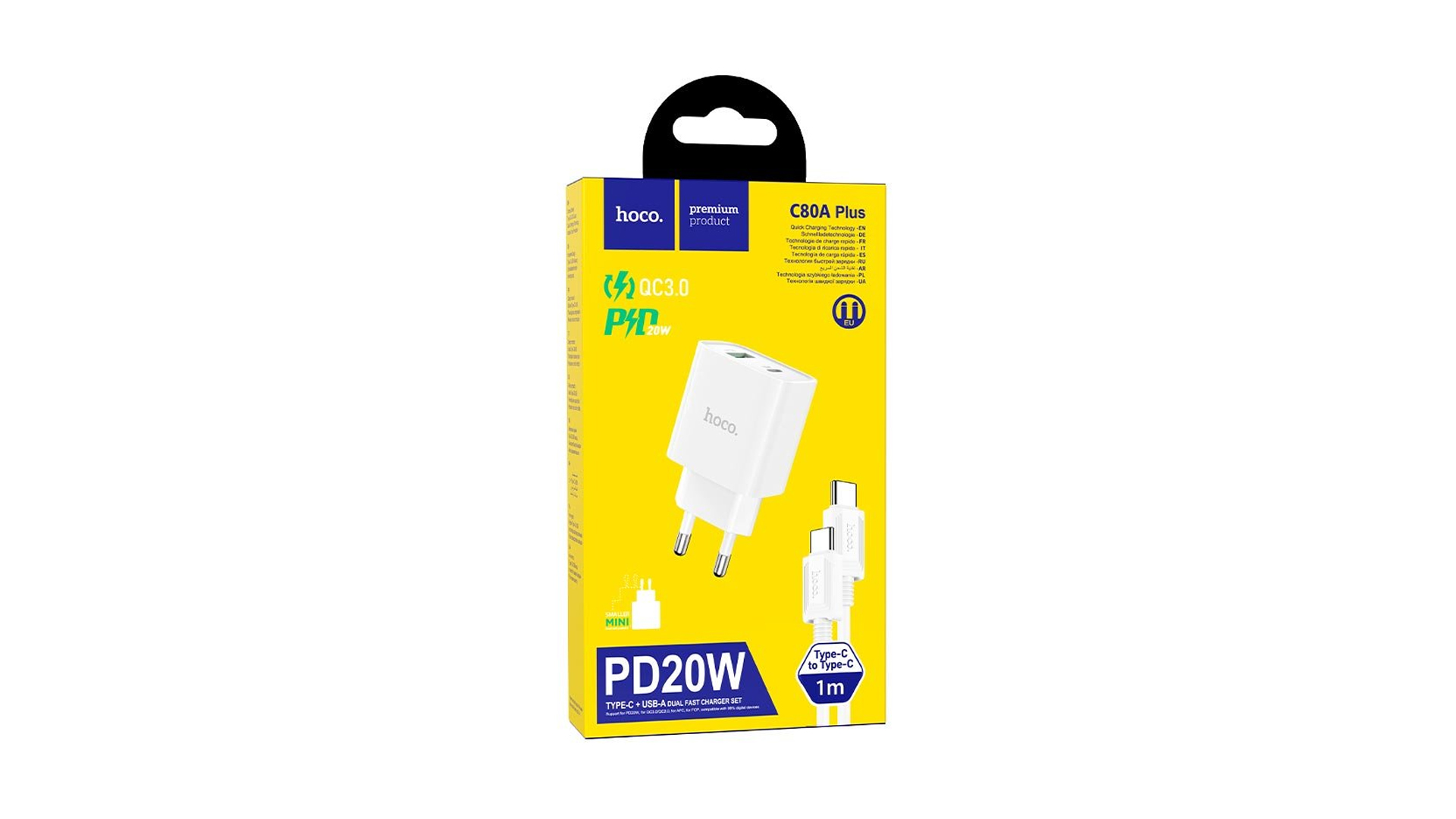 HOCO C80A Plus/ Сетевое ЗУ + Кабель Type-C--Type-C/ 1USB/ PD/ Выход: 20W/ Белый