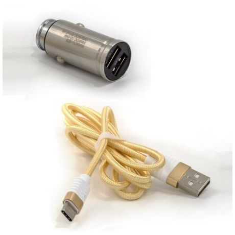 BYZ YL-823 2хUSB-А, 2.4А + кабель BL-695 AM-Type-C, серебро