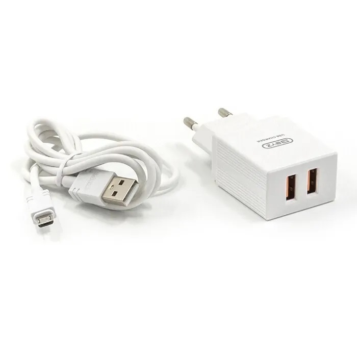 BYZ U20 EU, 2хUSB-А, 2.4А + кабель (AM-microBM), 1 м, белый