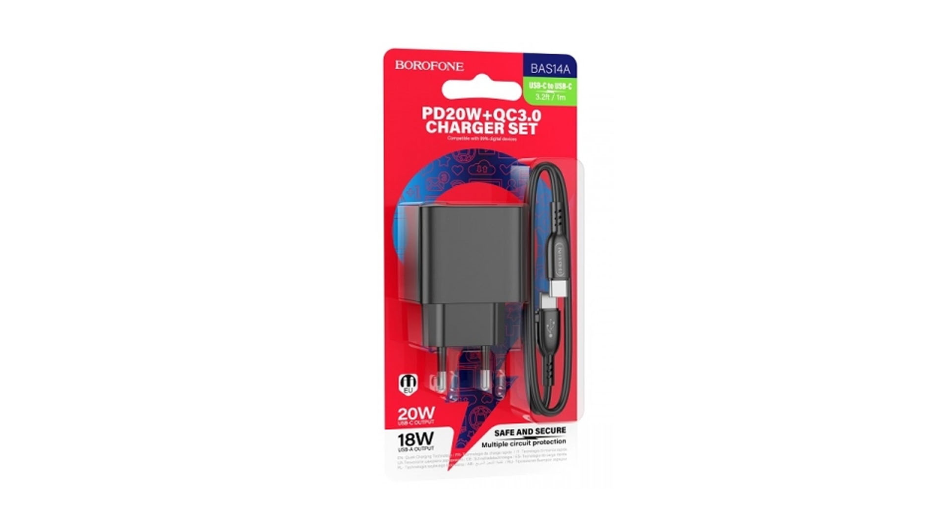 BOROFONE BAS14A / Сетевое ЗУ + Кабель Type-C--Type-C/ 1USB/ PD/ Выход: 20W/ Черный