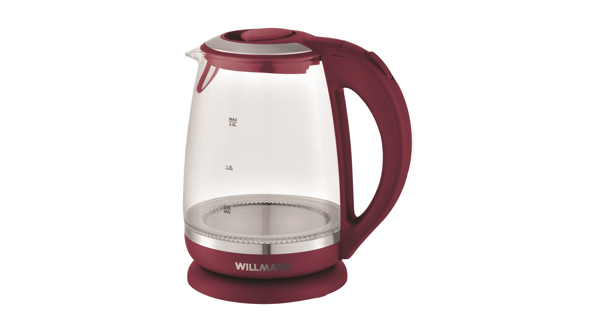 Чайник эл. WILLMARK WEK-2005G (2.0л, пов. на 360 град., LED-подсв., корп. из стекла, 2200Вт) (Бордов