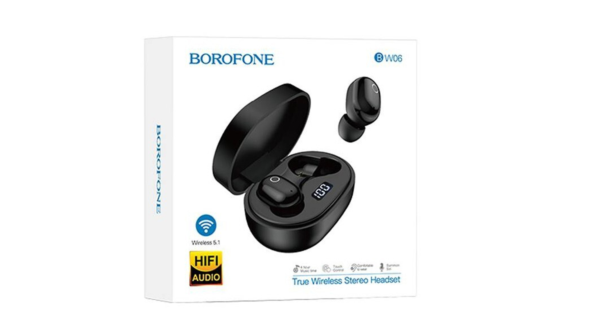 Наушники беспроводные BOROFONE BW06/ Внутриканальные/ Чехол 300mAh/ Дисплей на чехле/ Черный