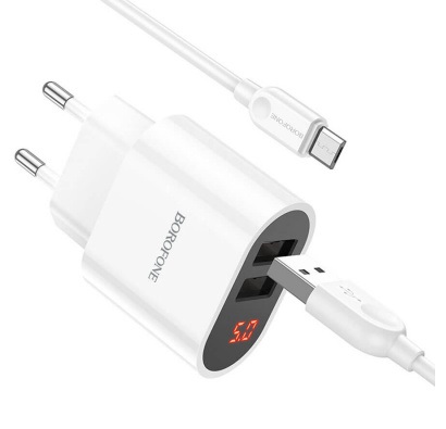 BOROFONE BA63A/ Сетевое ЗУ + Кабель Micro 1m/ 2USB/ LED-Дисплей/ Выход: 12W/ 2,4A/ Белый