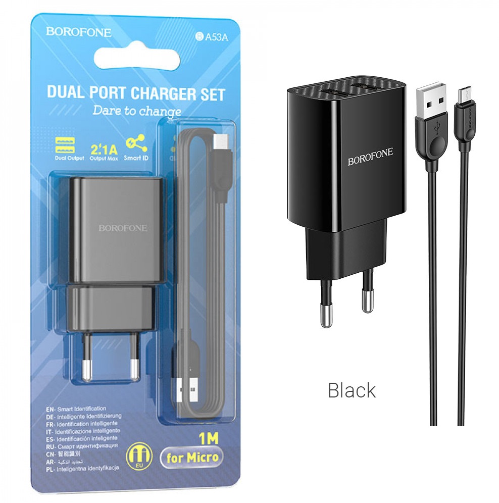 BOROFONE BA53A/ Сетевое ЗУ + Кабель Micro 1m/ 2USB/ Выход: 12W/ 2,1A/ Черный