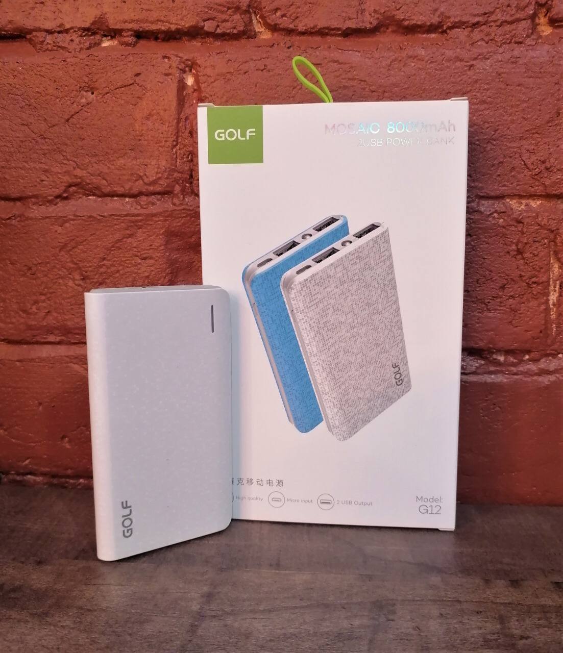 GOLF G12/ Powerbank 8000 mah + Кабель Micro usb /In Micro usb /Out USB 1 А, 2.1A/ White