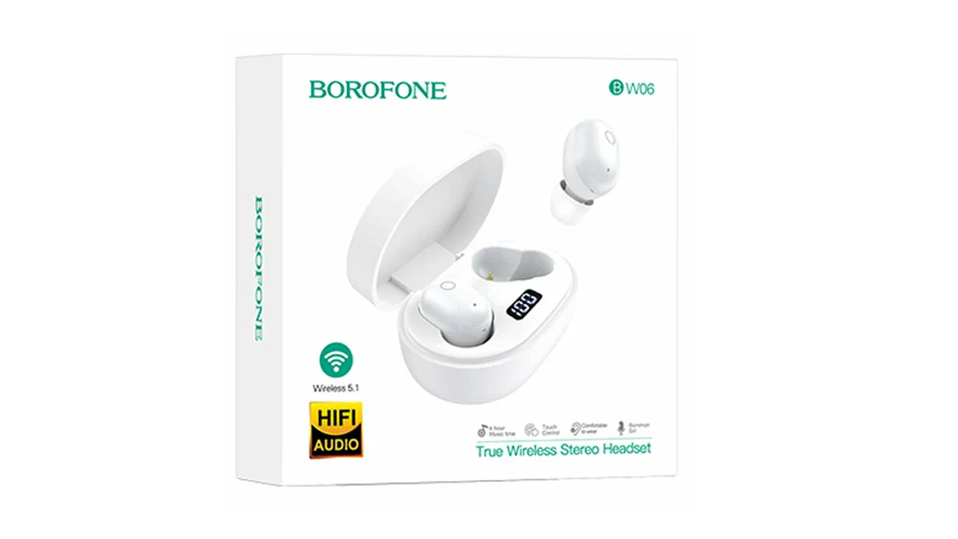 Наушники беспроводные BOROFONE BW06/ Внутриканальные/ Чехол 300mAh/ Дисплей на чехле/ Белый
