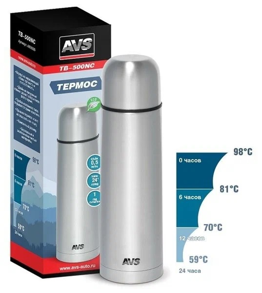 AVS Термос для напитков с пробкой-кнопкой, кружкой, объем 0,5 л., (TB-500NC)