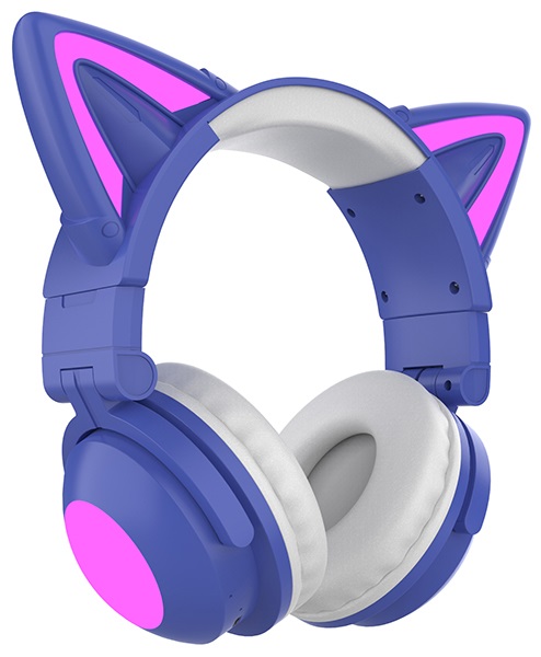 BT Гарнитура Party Cat mini ВТ 0050 (фиолетово-голубые) c подсветкой, накладная, Bluetooth 5.0+EDR,