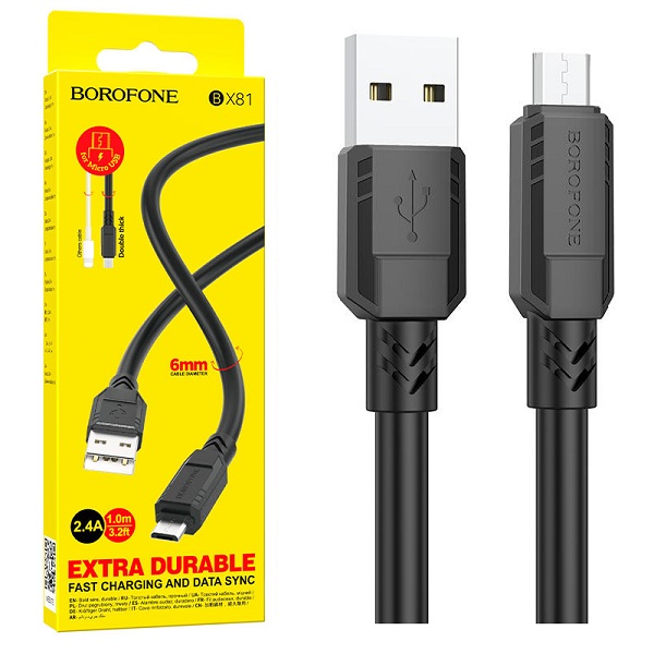 BOROFONE BX81 / USB кабель MicroUSB/ 1m/ 2.4A/ ПВХ/ Диаметр кабеля 6мм / Черный