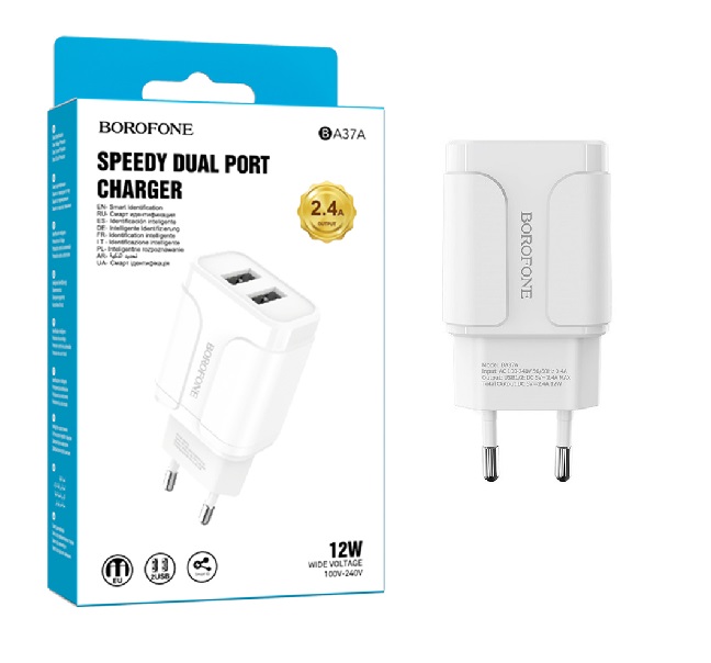 BOROFONE BA37A/ Сетевое ЗУ/ 2USB/ Выход: 12W/ 2.4A/ Белый