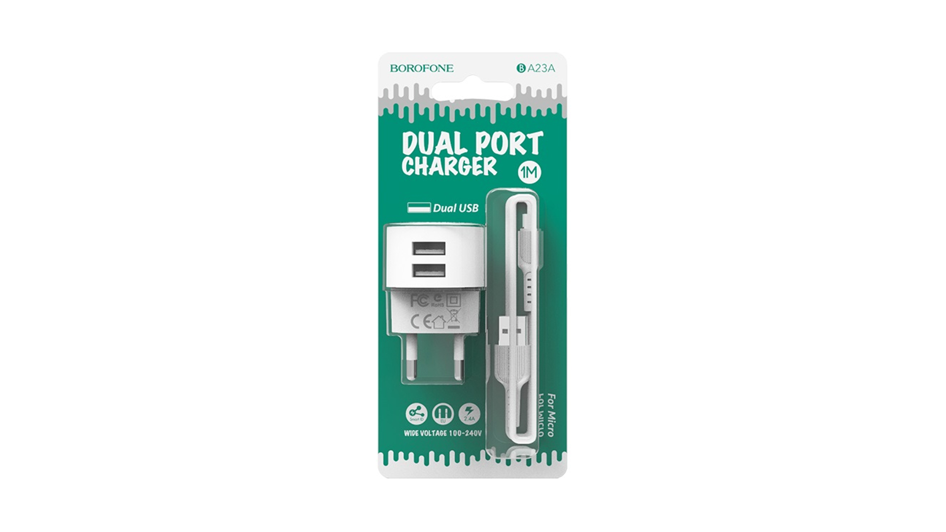 BOROFONE BA23A/ Сетевое ЗУ + Кабель Micro 1m/ 2USB/ Выход: 12W/ 2,1A/ Белый