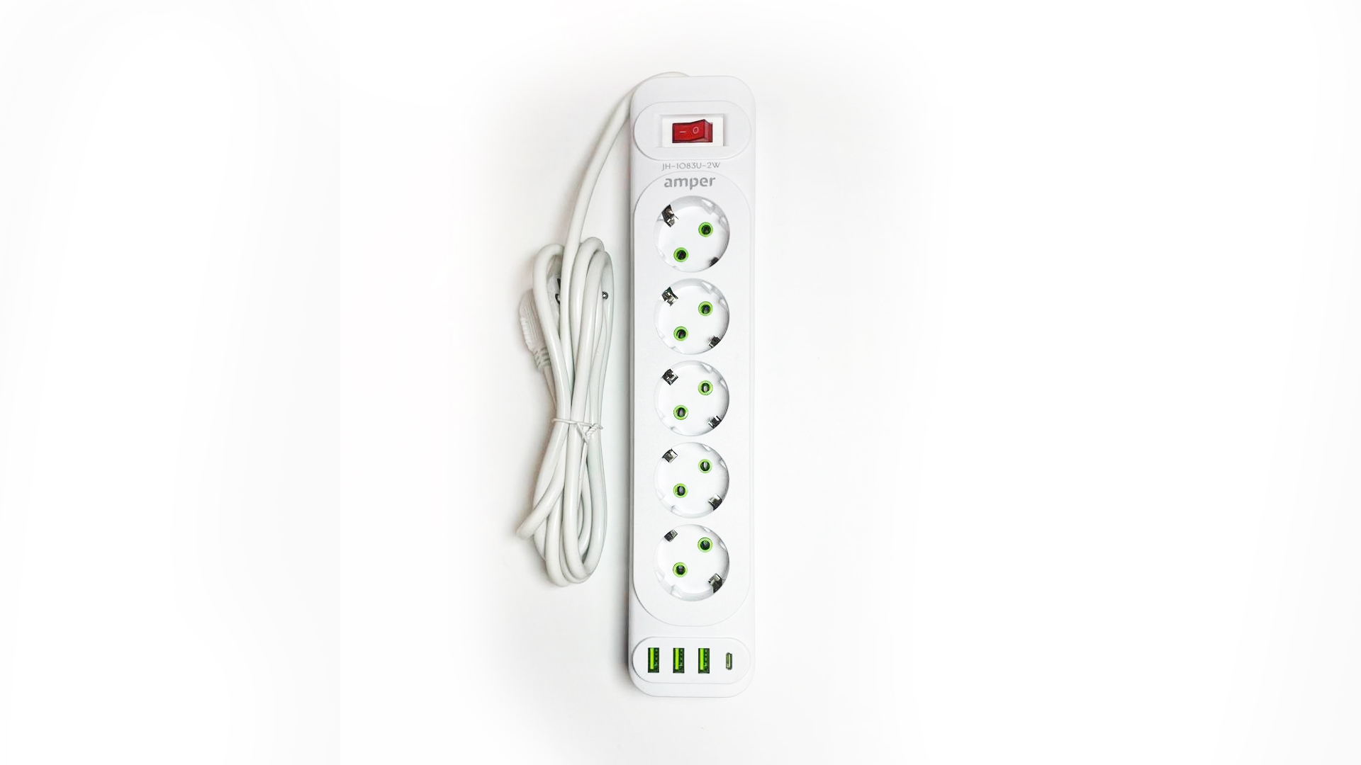 Amper сетевой удлинитель, 4,0м, 5 розеток, 10А, 2500 Вт, 3usb,1Type-C, белый.JH-1083U-4W