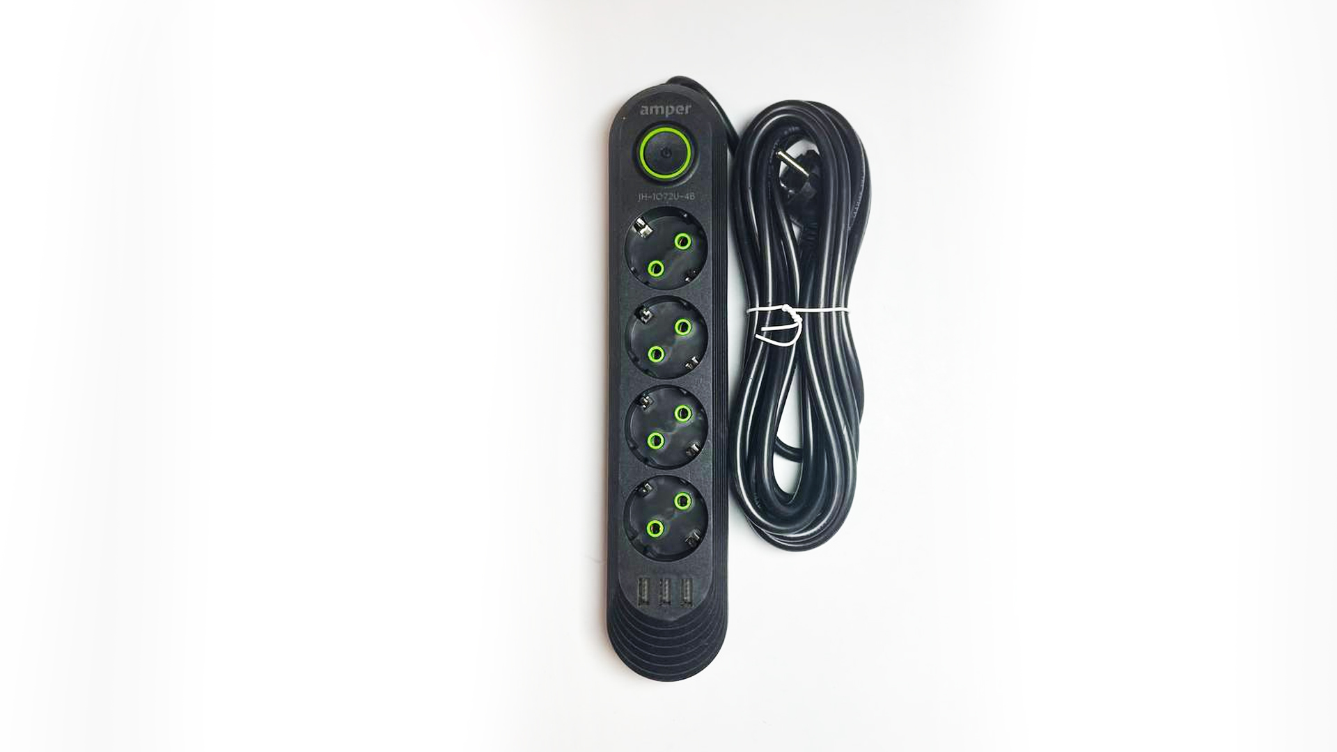 Amper сетевой удлинитель,4,0м, 4 розетки, 3*0,75мм, 10А, 2500 Вт, 3usb, черный.JH-1072U-4B