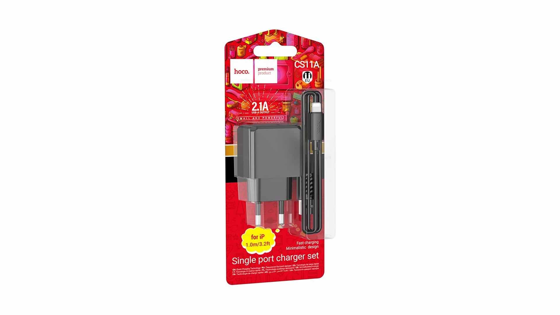 HOCO CS11A/ Сетевое ЗУ + Кабель Lightning 1m/ 1USB/ Выход: 10,5W/ 2,1A/ Черный