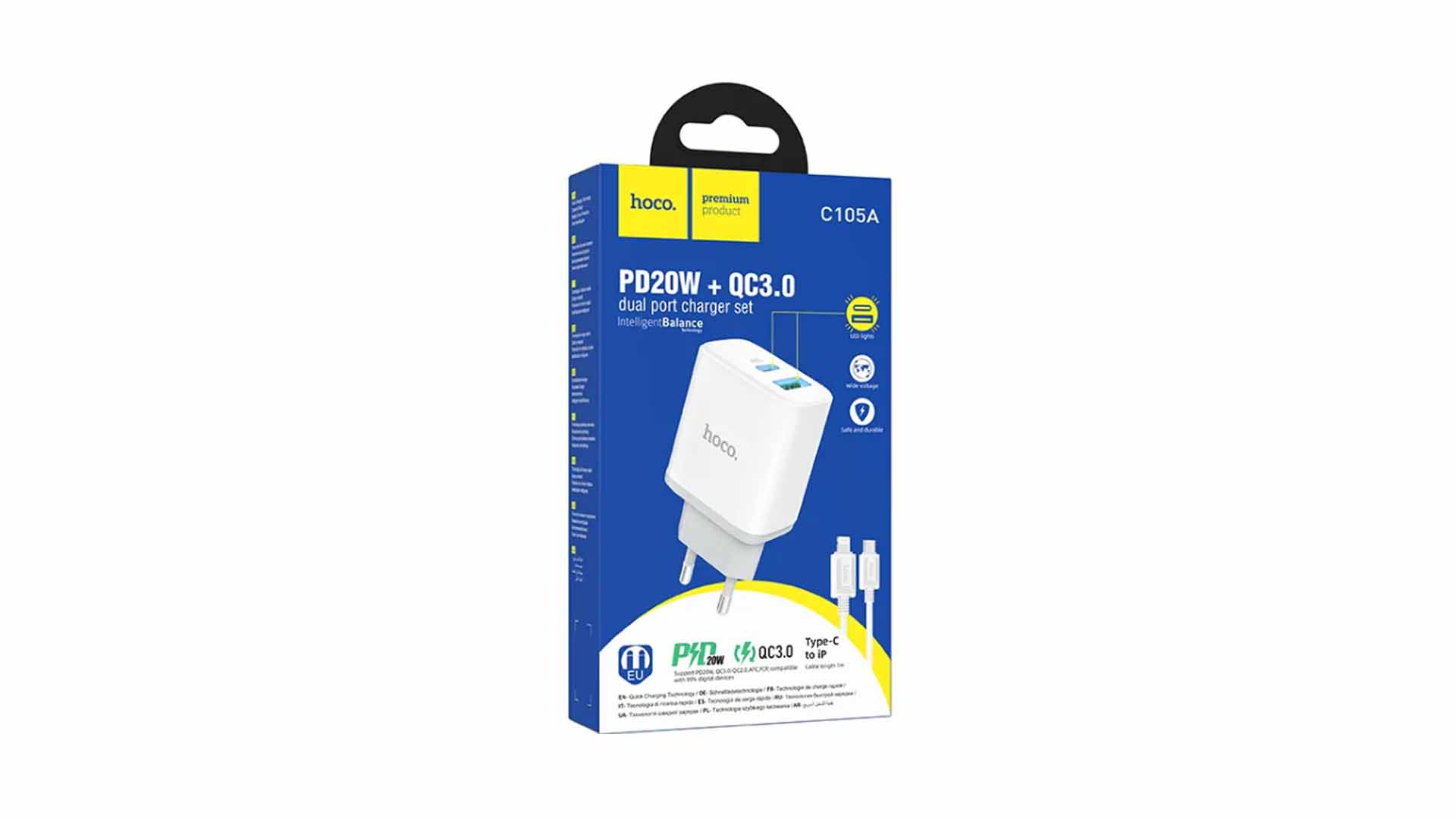 HOCO C105A/ Сетевое ЗУ + Кабель Type-C--Lightning/ 1USB/ PD/ Выход: 20W/ Белый