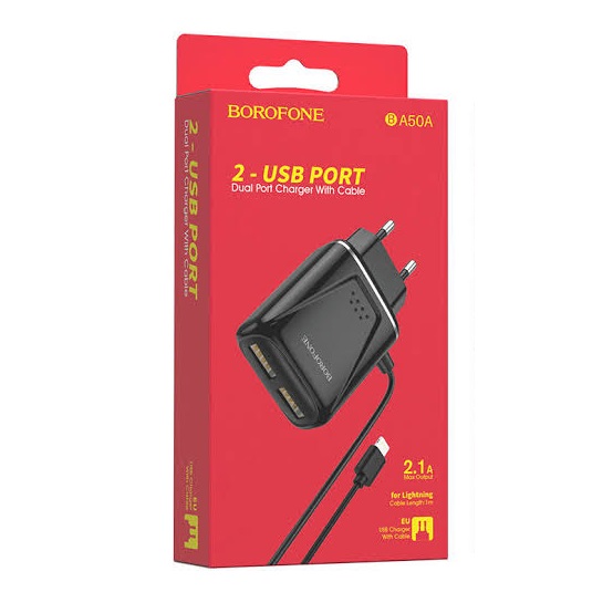 BOROFONE BA50A/ Сетевое ЗУ + Кабель Lightning 1m/ 2USB/ Выход: 10,5W/ 2,1A/ Черный