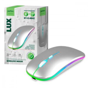 Perfeo мышь беспр. "LUX", 4 кн, подкл 2.4G+BT, аккум 500mAh, type-C, подсв, бесшумн, 1600DPI, серебр