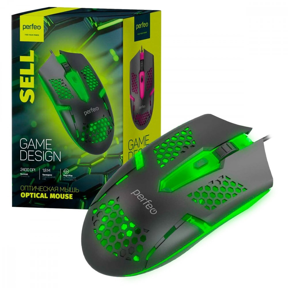 Perfeo мышь оптич. "SELL", 6 кн, USB, GAME DESIGN, 7 цв. LED подсветка, кабель 1,8м, 500-1500 DPI