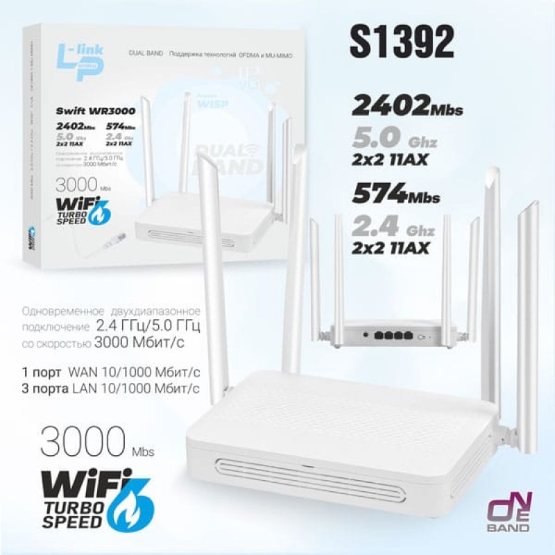 Wi-Fi Роутер WR3000 3000Mbps, 2-диапозона, WiFi6 (white)