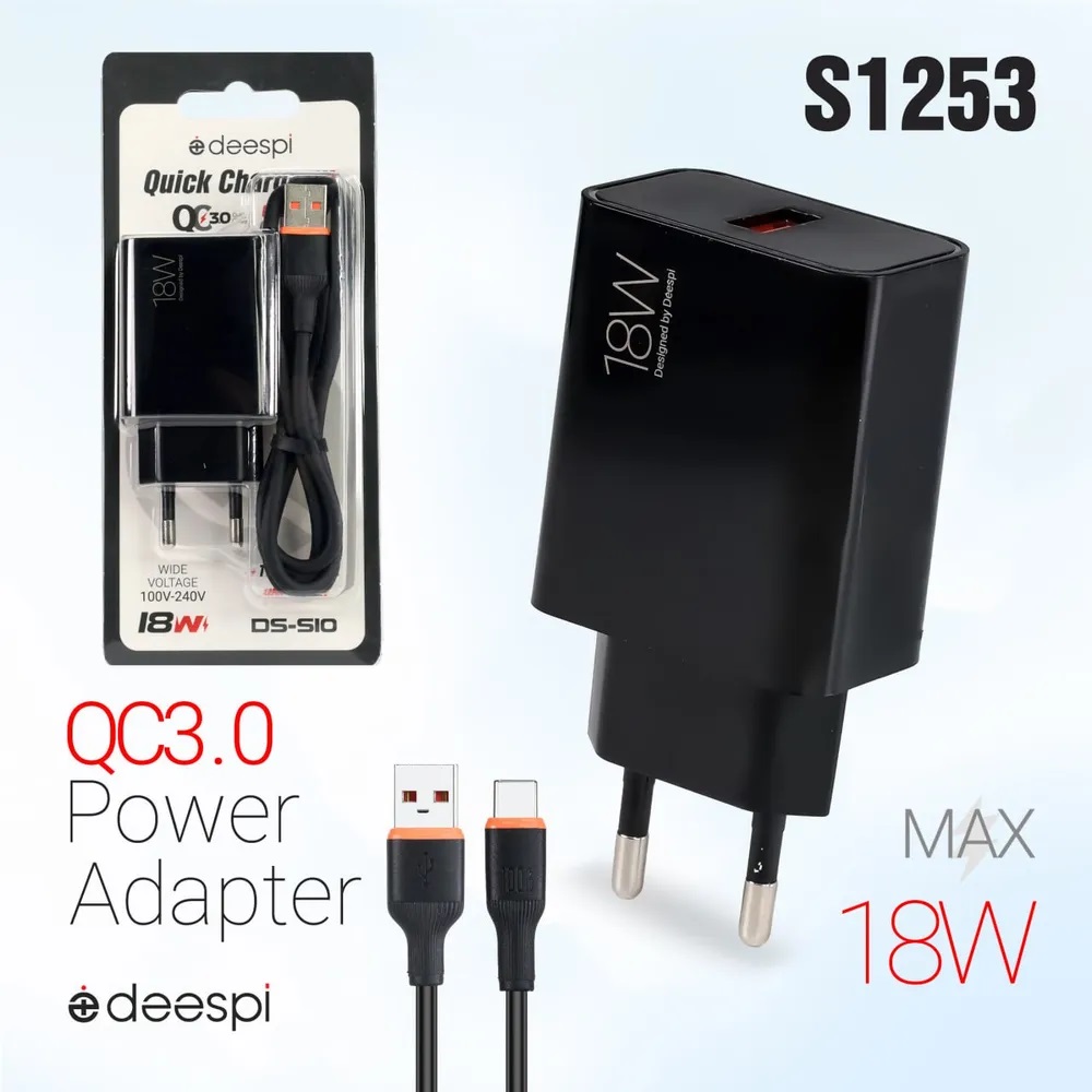 Сетевое зарядное устройство deespi S10 QC.0 18W 1USB + кабель Type-C Black