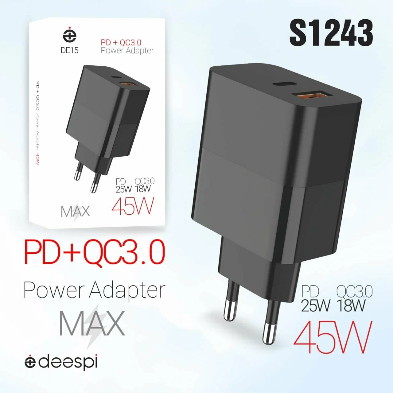 СЗУ DEESPI DE15/ Сетевое ЗУ/ USB/ PD/ Выход: 25W/ Черный