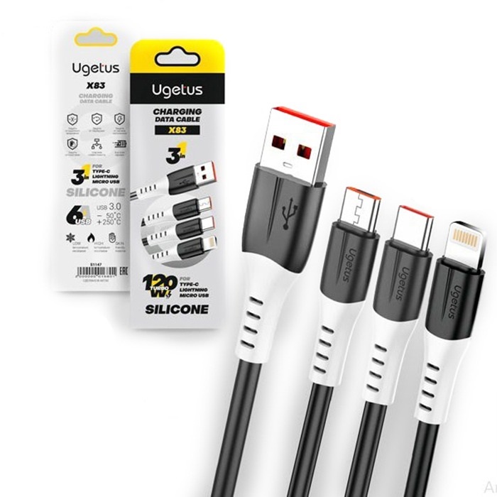 Кабель USB Ugetus X83 3in1 Micro/Type-C/Lightning силиконовый 1,2м (Black)