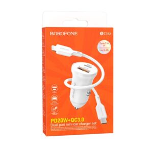 Автомобильное зарядное устройство Borofone BZ18А PD20W+QC3.0 с кабелем Type-C to Lightning white