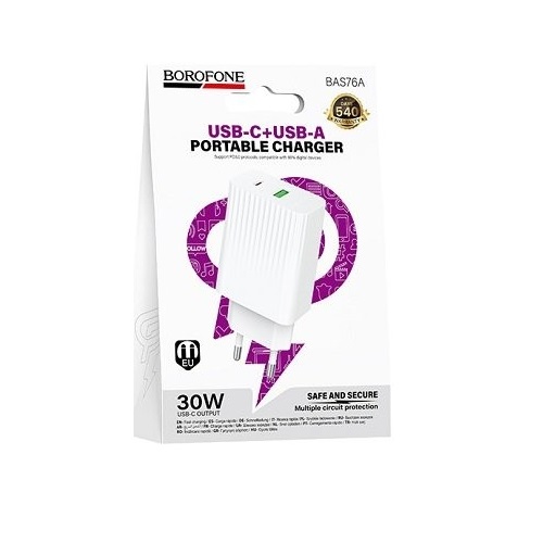 СЗУ BOROFONE BAS76A/ Сетевое ЗУ/ PD/ Выход: 30W + 18W/ Белый
