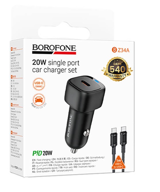 АЗУ BOROFONE BZ34A/ Авто ЗУ + кабель C-C 1m/ PD/ 1 разъём Type-C/ Выход: 20W/ Белый