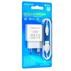 BOROFONE BA66A/ Сетевое ЗУ + Кабель Micro 1m/ QC3.0/ 1USB/ Выход: 5V_9V_12V, 18W/ Белый